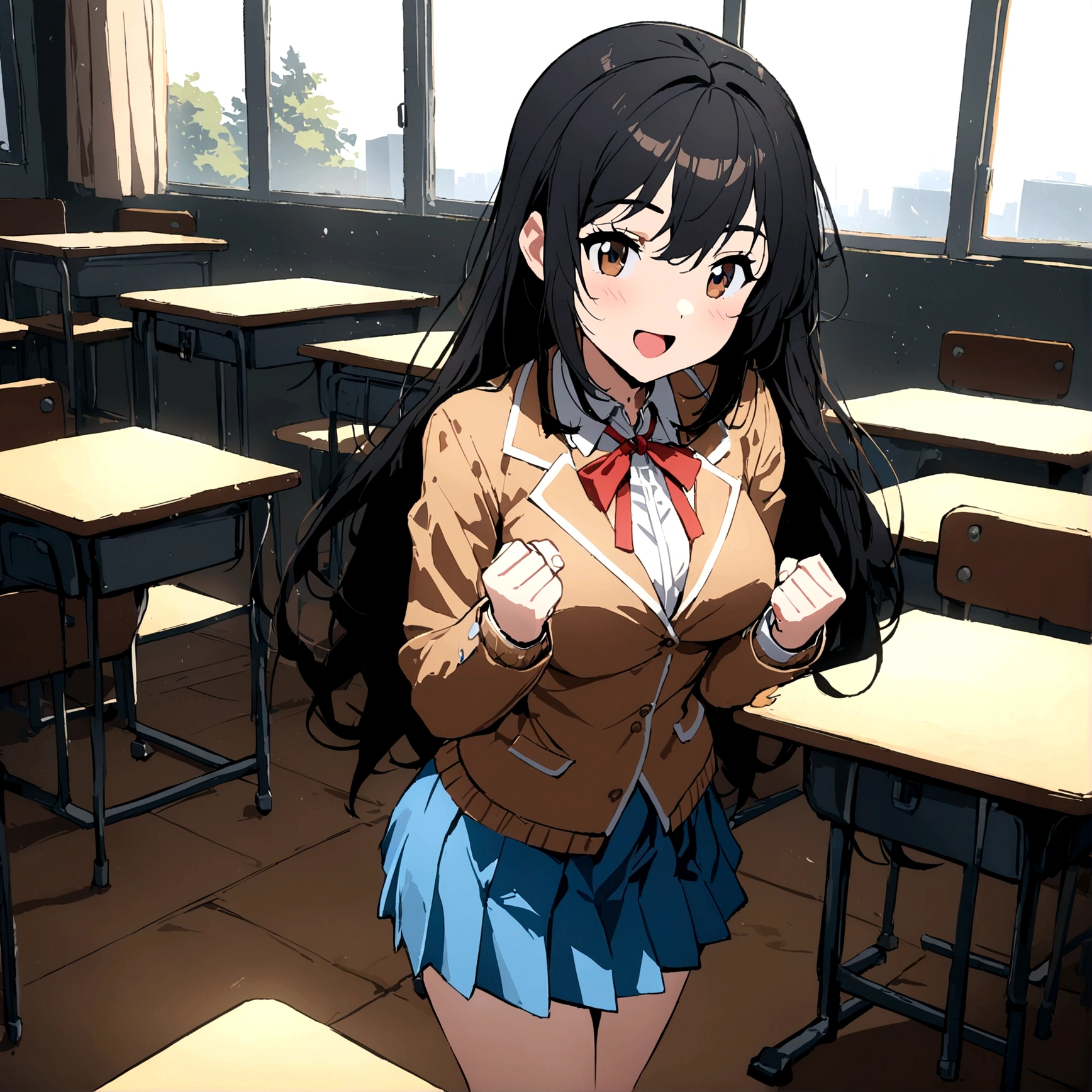 2d, masterpiece, best quality, anime, highly details, 1girl, solo, dokie doki literature club artsyle, brown eyes, black hair, long hair, red bow, , blazer, brown sweater, collared shirt, neck ribbon, blue skirt, standing, clenched hands, :d, classroom