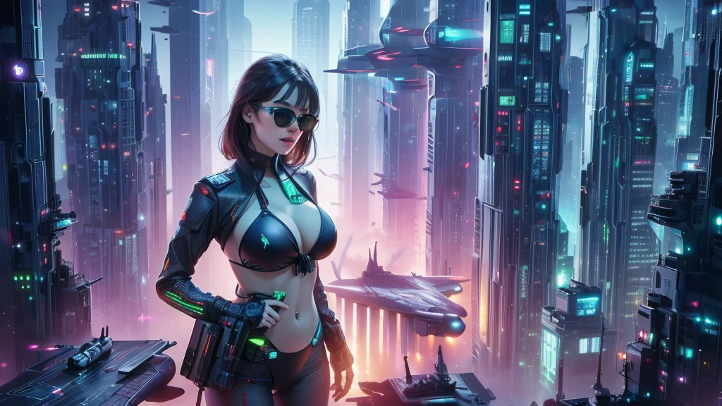 (((a large-breast bikini slim GIRL with black (micro) sunglasses))), (((((aiming at viewer with a pistol))))), a balcony of a futuristic building, aerial view of an ultra-futuristic megalopolis, metal buildings and houses in dark colors from dark blue to black, shades of metal gray, smoky metal structures, industrial environment with smoke and fog around, dark cars on the streets, desert megalopolis, modern metal rails and trains passing through, tall futuristic metal buildings, ultra modern buildings, (((((futuristic aircraft carrier))))), realistic, detailed, sci-fi.