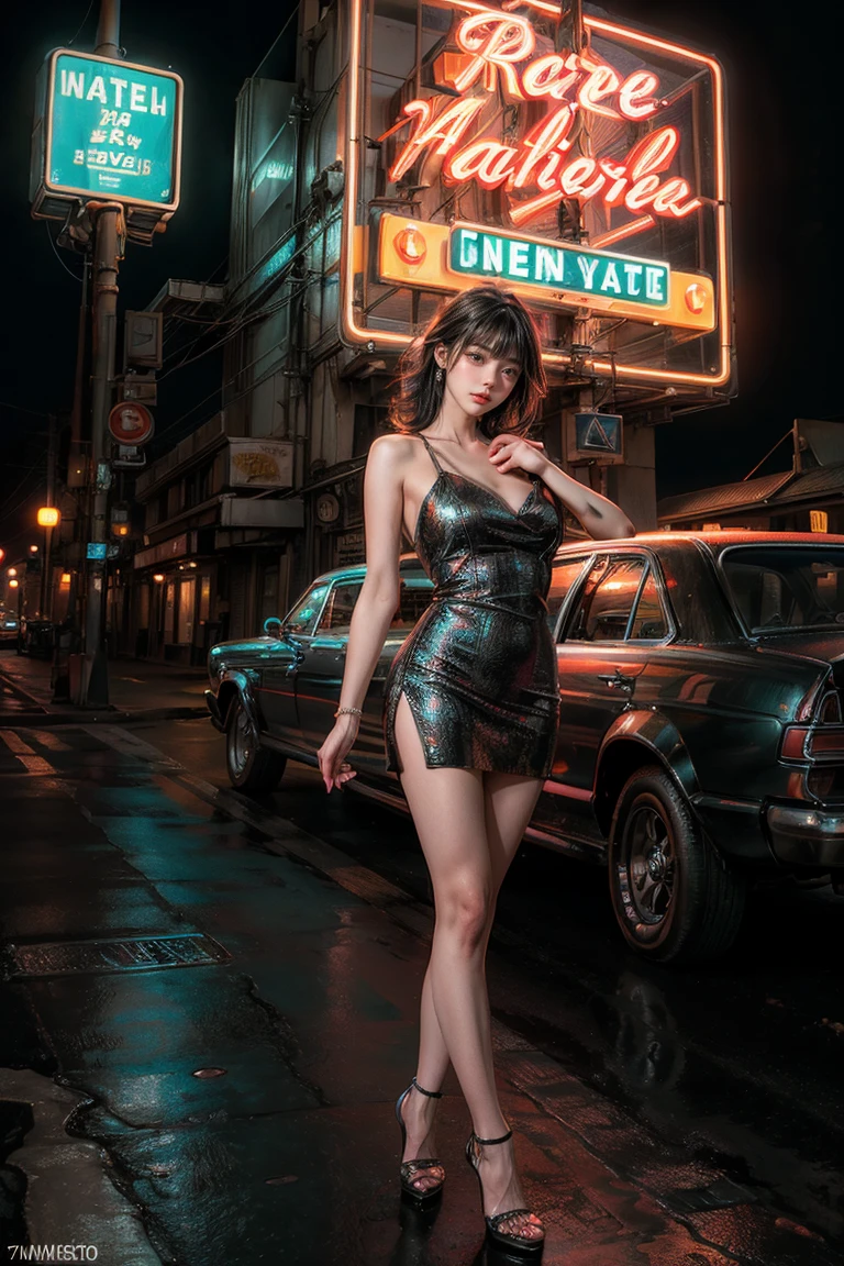 ((masterpiece, best quality, Best image quality, high resolution, realistic, raw photo, 8K)), Araped view of motel with cars parked in front, with neon sign, Woman waiting for guests in front of motel, Temptation, short dress and high heels, route 66, neon sign, 1 9 5 0 Second Americana Tourism, some have neon sign, Neon Lights Outside, neon advertising, gigantic neon sign, neon stores, few neon sign, neon sign in background,