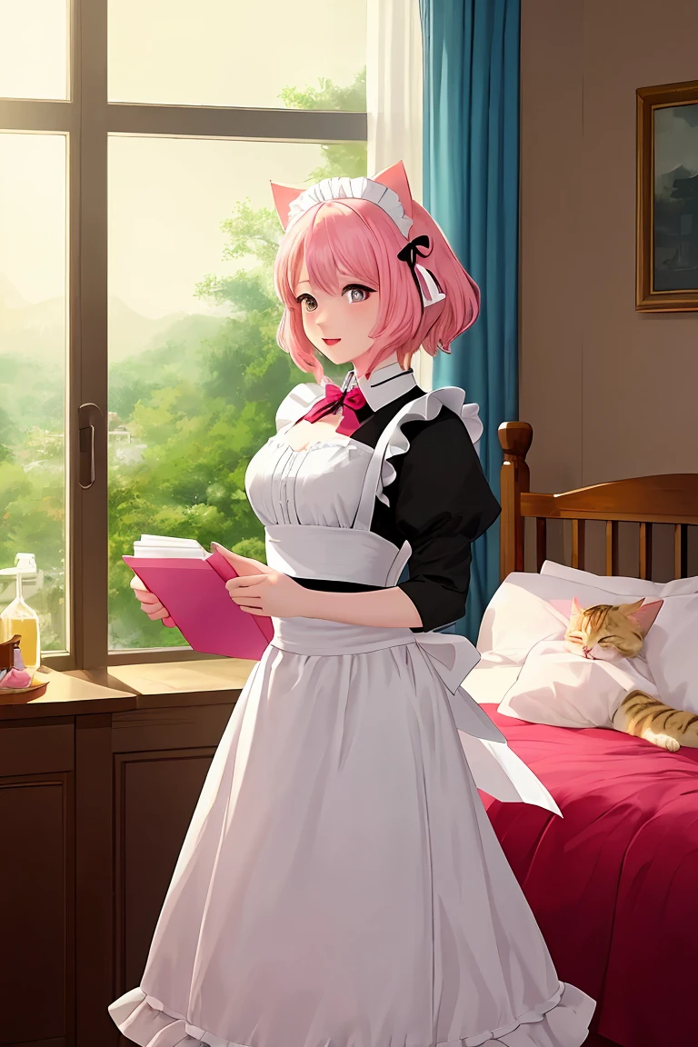 score_9,score_8_up,score_7_up,masterpiece, top quality, best quality, official art, beautiful and aesthetic, animation, , 1girl with cat ear, perfect figure, pink hair, complicated details, bedroom, summer afternoon, change maid's outfit, (black and white maid's outfit:1.5), excited cat lady, run to dressing room ,