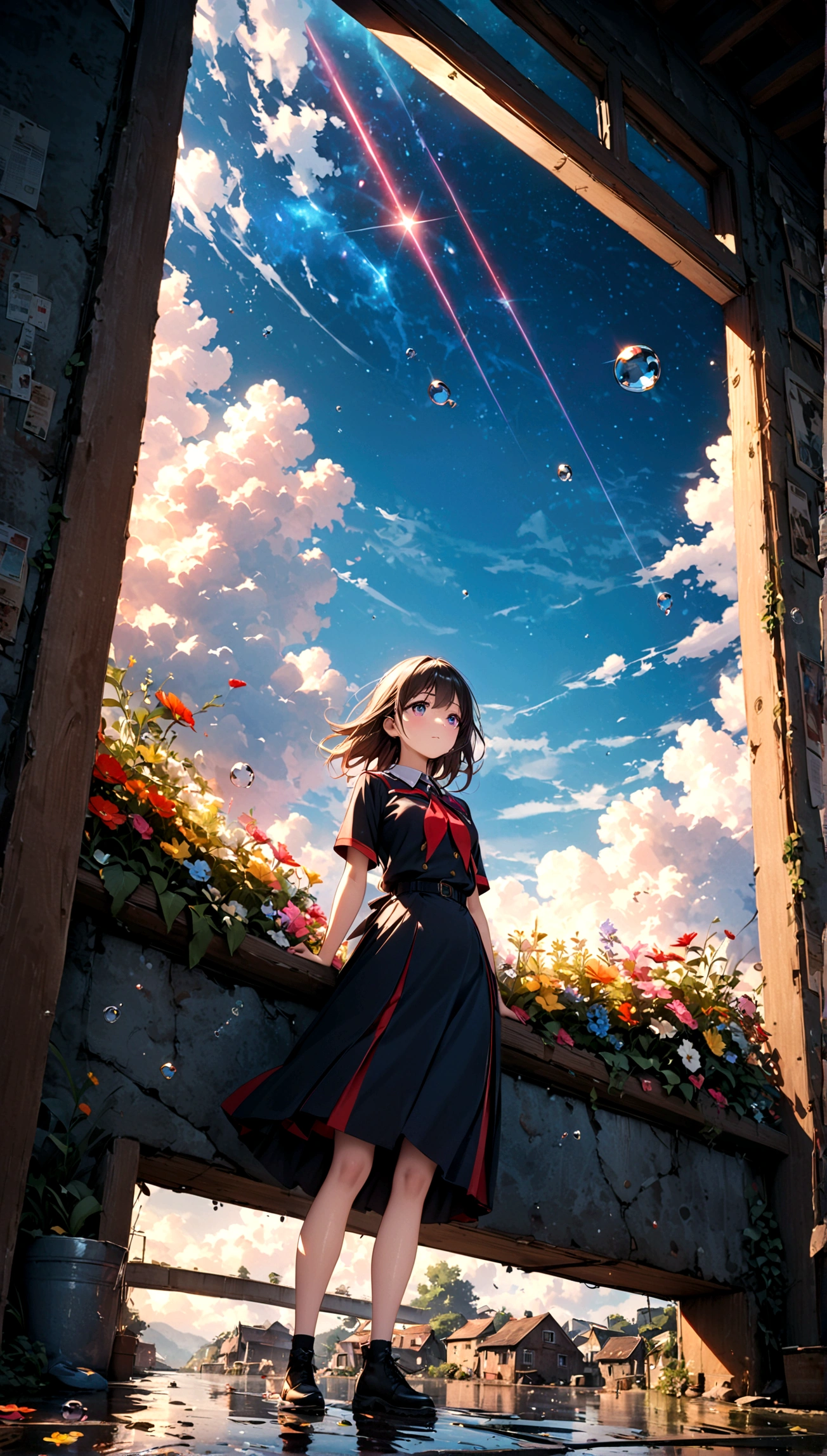 female\(student, age of 15, JK, short silver floating hair, cosmic colored eyes, black color uniform of school, pale skin, tired face with no shine in the eyes\) is looking up at the sky, (many shiny red scale goldfishes are swimming in the air), (crystal clear bubbles as if underwater are shining here and there in the sky), beautiful sky, beautiful clouds, there are puddles at ground and the landscape is reflecting beautifully, Looking up from the back alley of a cramped slum to the wide open sky, summery colorful flowers are blooming here and there, you can see the flowing wind shining, there is the noonday moon and noonday stars in the sky,from below, BREAK ,quality\(8k,wallpaper of extremely detailed CG unit, masterpiece,hight resolution,top-quality,top-quality real texture skin,hyper realisitic,increase the resolution,RAW photos,best qualtiy,highly detailed,the wallpaper,cinematic lighting,ray trace,golden ratio\),
