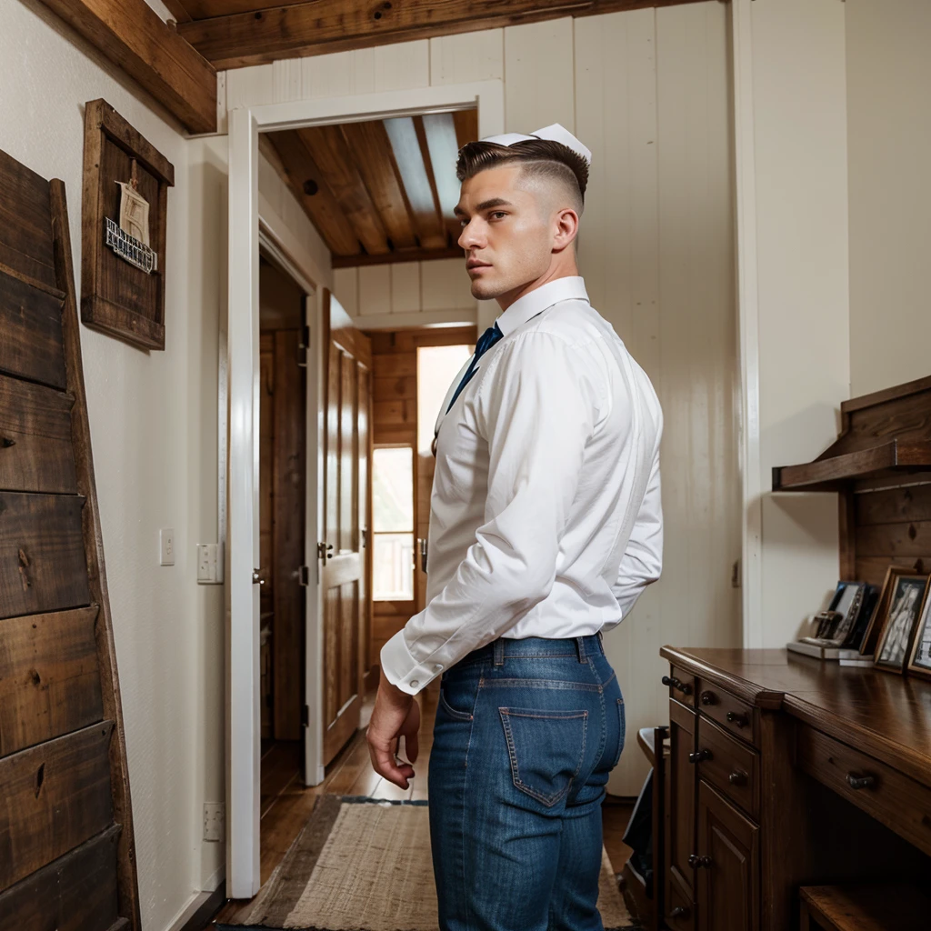 white man walking in a cabin, Perfect face, formal and stylized clothing, well dressed, in formal clothes, raphael personnaz, wear jeans, photo on the head in profile, wear a formal, business shave hair, short hair, caucasian white, 20 years