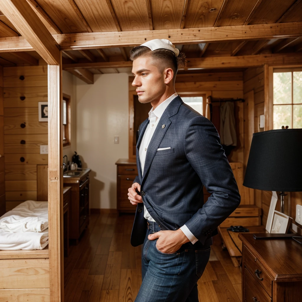 white man walking in a cabin, Perfect face, formal and stylized clothing, well dressed, in formal clothes, raphael personnaz, wear jeans, photo on the head in profile, wear a formal, business shave hair, short hair, caucasian white, 20 years