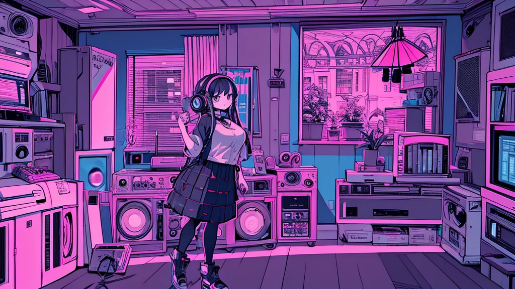 Best quality, (masterpiece), best detail face,1 girl, big breasts, 18 yo, 8k,absurdres,unity 8k wall paper,(extremely detailed:1.3), highest realistic, (retro headphones:), (soft neon light:), (psychedelic), Her room full of music equipment and plants, Light clothing in summer, See the whole room, She is leaving the room, natural color palette