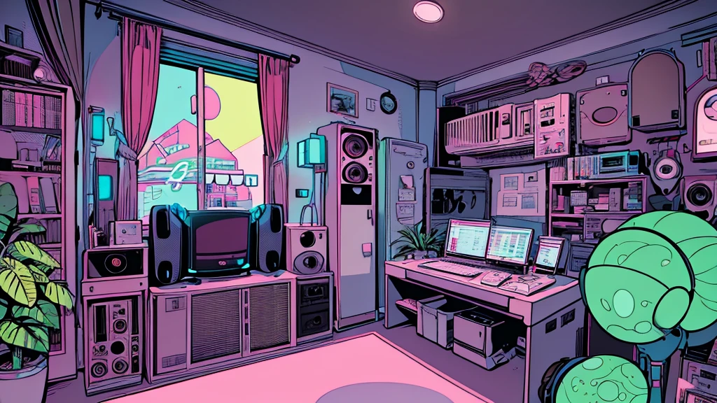 Best quality, (masterpiece), best detail face,1 girl, big breasts, 18 yo, 8k,absurdres,unity 8k wall paper,(extremely detailed:1.3), highest realistic, (retro headphones:), (soft neon light:), (psychedelic), Her room full of music equipment and plants, Light clothing in summer, See the whole room, She is leaving the room, natural color palette
