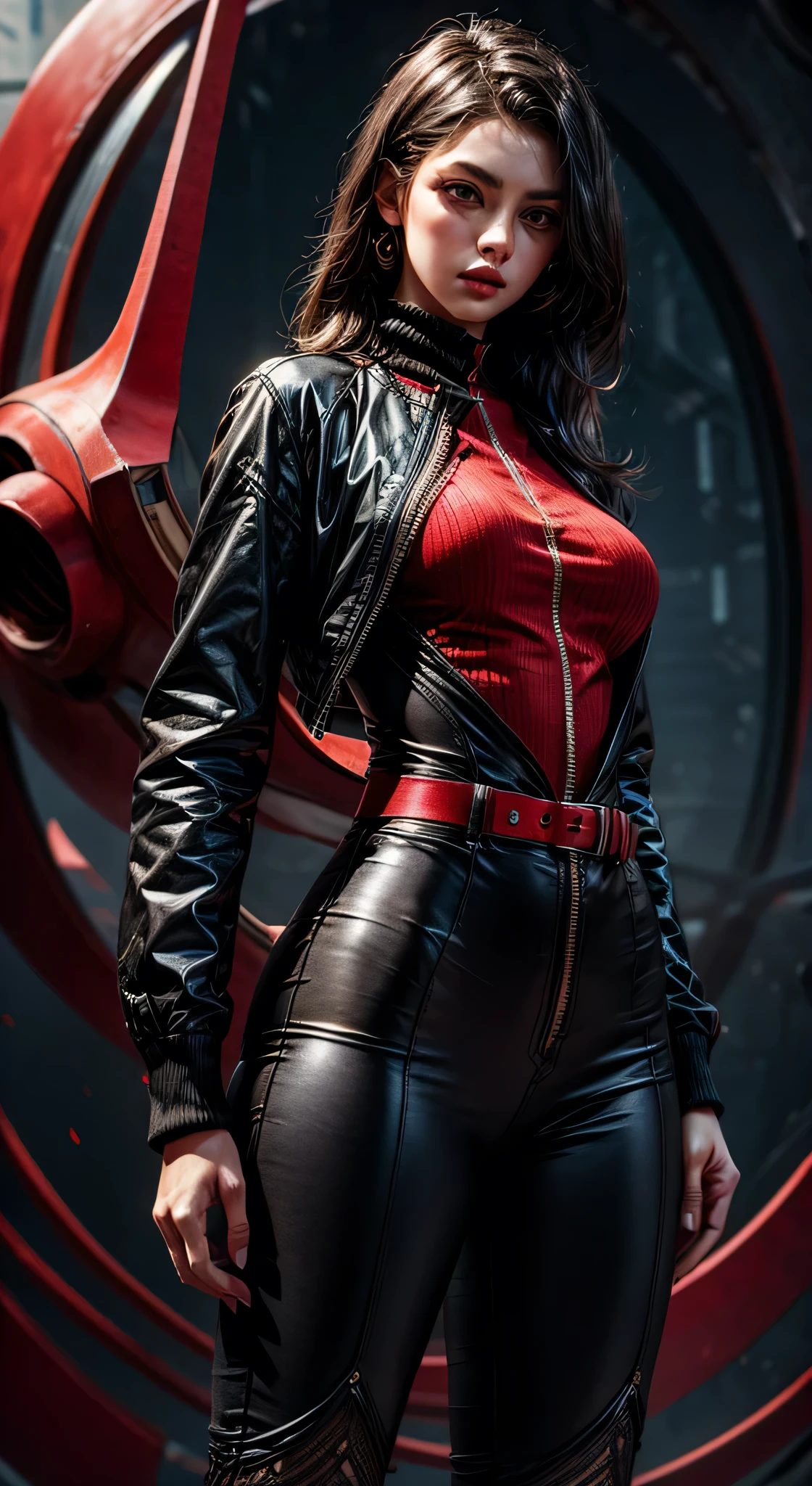 a beautiful spy in a chic fashionable suit with red lining, full frame photo, zoom out, ultra detailed, high resolution, 