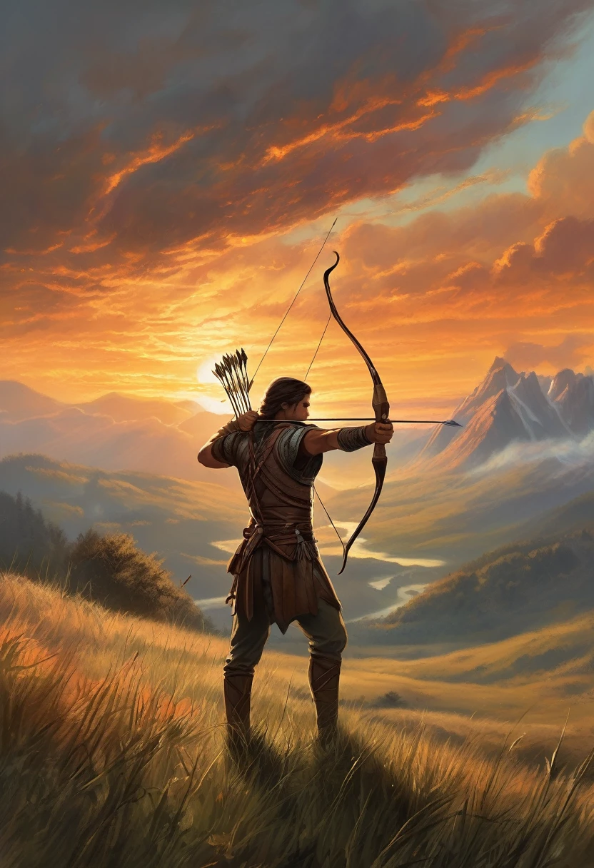 An archer stands on a vast grassland, pulling the bowstring taut, preparing to release an arrow engulfed in flames. The background can depict a sunset sky, majestic mountains, or a mysterious forest, creating an atmosphere of battle and fantasy.Power, determination, courage, burning, mystery, combat, radiance, momentum.”