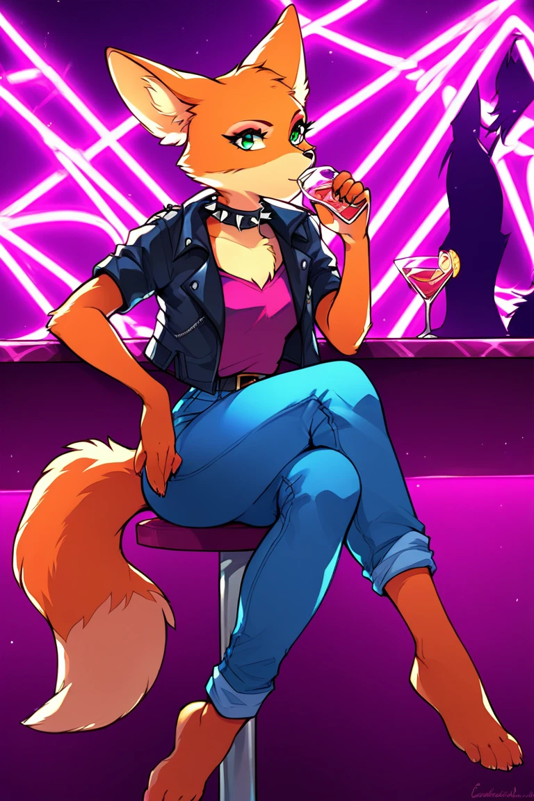 score_9, score_8_up, score_7_up, 1girl, solo, Fara phoenix, furry, neon lights, nightclub, leather jacket, jeans, barefoot, spiked collar, sitting, table, drinking, glass, 