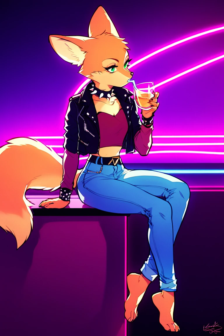 score_9, score_8_up, score_7_up, 1girl, solo, Fara phoenix, furry, neon lights, nightclub, leather jacket, jeans, barefoot, spiked collar, sitting, table, drinking, glass, 