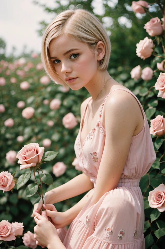 8k, photo and gross, fujifilm, Style photography of a beautiful young girl like Avril in a light pink rose garden. (very detailed skin: 1.2) Style-Petal BREAK short hair, blonde hair with colored highlights, wearing a dress, film grain, 35mm, beautiful style