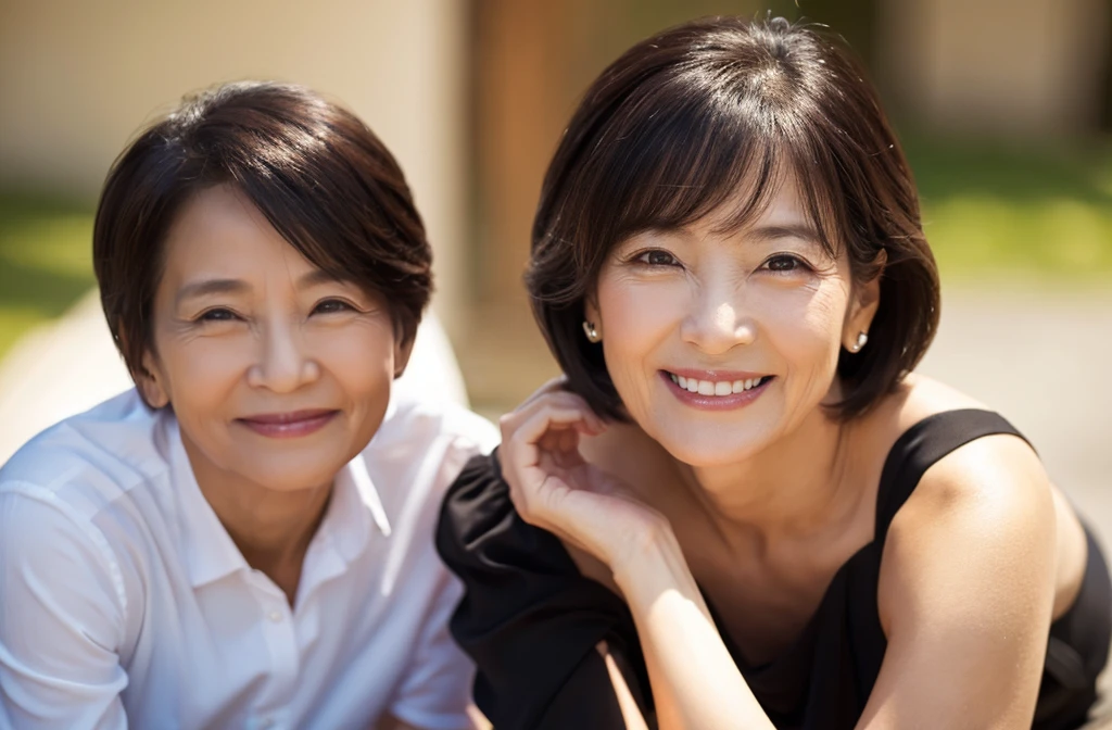 Highest quality、Masterpiece、Real Photo、Realistic、A 55-year-old Japanese woman cares for a 100-year-old man、Smiling caregiver providing care、Sweat、Very detailed、Natural light、long hair、Detailed face and skin、Realistic eyes