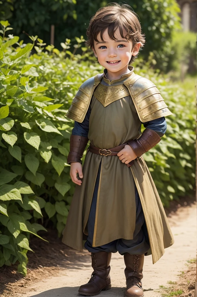 little baby boy, tan skin, blue-green eyes, brown hair, medieval golden outfit, happy face, background garden, Game of Thrones style, hyperrealistic