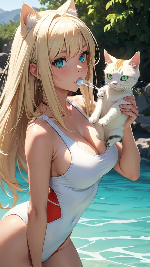 Woman and cat hybrid, with white swimsuit, greeneyes, and blonde hair, drinking milk, and running down your mouth