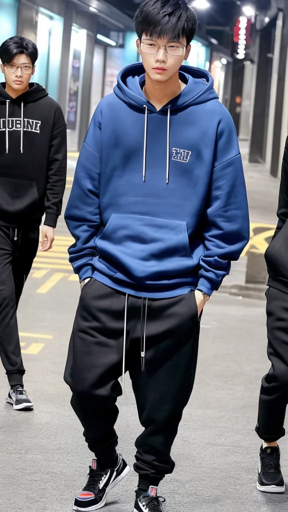 21 year old Shanghai boy, he is ((oversized xxl blue plain hoodie)), wearing black Trousers, wearing sneakers, wearing glasses, night club, fully body, (he is 한국 머리카락입니다) Korean style