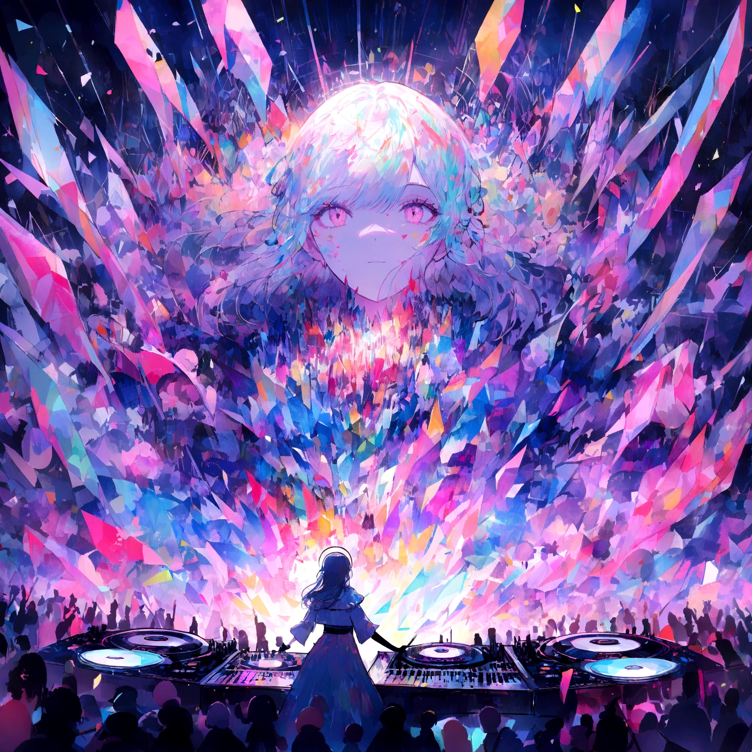 ((work of art:1.3)), ((best qualityer:1.3)), ((ultra_detailded:1.3)), luminous design, pastel colours, ink drops, dj, upper body close-up shot, watching the crowd, In this mesmerizing visual composition, A woman takes center stage, surrounded by a luminous design that radiates with vibrant pastel colours. The design seems to come to life, with ink drops cascading down, adding an ethereal touch to the scene. The woman, um dj, is captured in a close-up of her upper body, Standing behind the decks. His gaze is fixed on the crowd, watching their every move. The intensity in his eyes reflects his deep connection to the music and energy of the crowd. The composition is meticulously detailded, with every intricate pattern and color gradient of the luminous design rendered with precision. The pastel colours create a dreamlike atmosphere, enhancing the enchanting aura of the scene. The ink drops add a touch of unpredictability and creativity, simbolizando a fluidez e a arte do ofício do dj. Enquanto o dj observa a multidão, The energy in the room is palpable. The crowd is a blur of movement, with hands raised and bodies swaying to the rhythm. A presença do dj é magnética, guiding the energy of the room with its selection of music and skillful mixing. This composition is a true work of art, capturing the fusion of music and visual art in a captivating and immersive way. Celebra a criatividade e a paixão dos djs, while inviting viewers to be part of the electrifying atmosphere of a live performance.