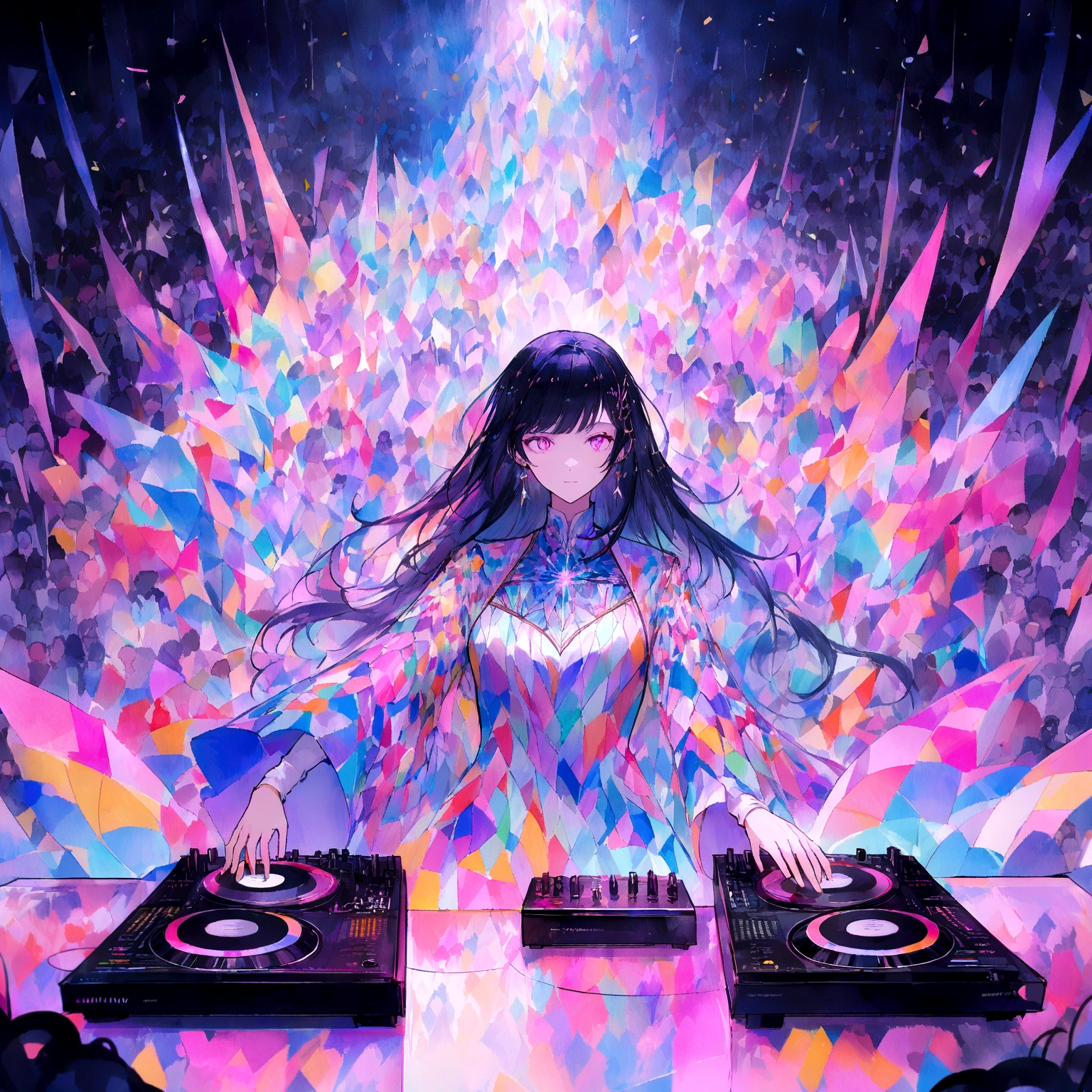 ((work of art:1.3)), ((best qualityer:1.3)), ((ultra_detailded:1.3)), luminous design, pastel colours, ink drops, dj, upper body close-up shot, watching the crowd, In this mesmerizing visual composition, A woman takes center stage, surrounded by a luminous design that radiates with vibrant pastel colours. The design seems to come to life, with ink drops cascading down, adding an ethereal touch to the scene. The woman, um dj, is captured in a close-up of her upper body, Standing behind the decks. His gaze is fixed on the crowd, watching their every move. The intensity in his eyes reflects his deep connection to the music and energy of the crowd. The composition is meticulously detailded, with every intricate pattern and color gradient of the luminous design rendered with precision. The pastel colours create a dreamlike atmosphere, enhancing the enchanting aura of the scene. The ink drops add a touch of unpredictability and creativity, simbolizando a fluidez e a arte do ofício do dj. Enquanto o dj observa a multidão, The energy in the room is palpable. The crowd is a blur of movement, with hands raised and bodies swaying to the rhythm. A presença do dj é magnética, guiding the energy of the room with its selection of music and skillful mixing. This composition is a true work of art, capturing the fusion of music and visual art in a captivating and immersive way. Celebra a criatividade e a paixão dos djs, while inviting viewers to be part of the electrifying atmosphere of a live performance.