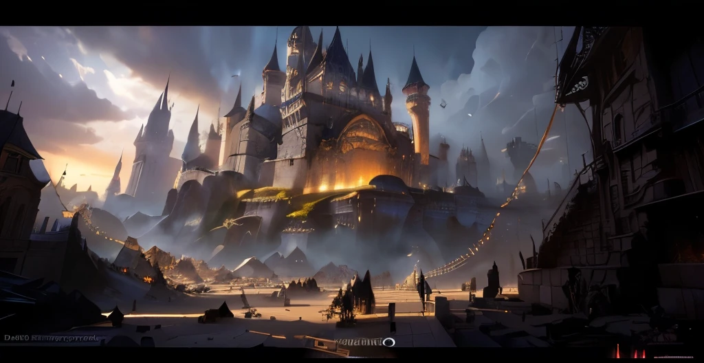 arafed image of a castle with a clock tower in the middle of a city, pterosaur，diablo digital concept art, diablo concept art, diablo, stunning! concept art, stunning concept art, inspired by Andreas Rocha, diablo 4, concept arts, dramatic concept art, art style of marc simonetti, inspired by Marc Simonetti, inspired by James Paick，