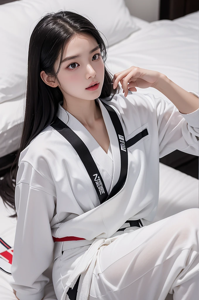 masterpiece, ultra details, best quality, 1 korean taekwondo girl, masterpiece, ultra details, best quality, black long straight hair, wearing sweaty white World Taekwondo Federation dobok uniform with black v-neck, wearing taekwondo blackbelt, wearing white martial arts pants without pockets, large sweaty butt, large breasts, laying on wet hotel bed showing butt, sweat droplets on face, seductive facial expression, blushing