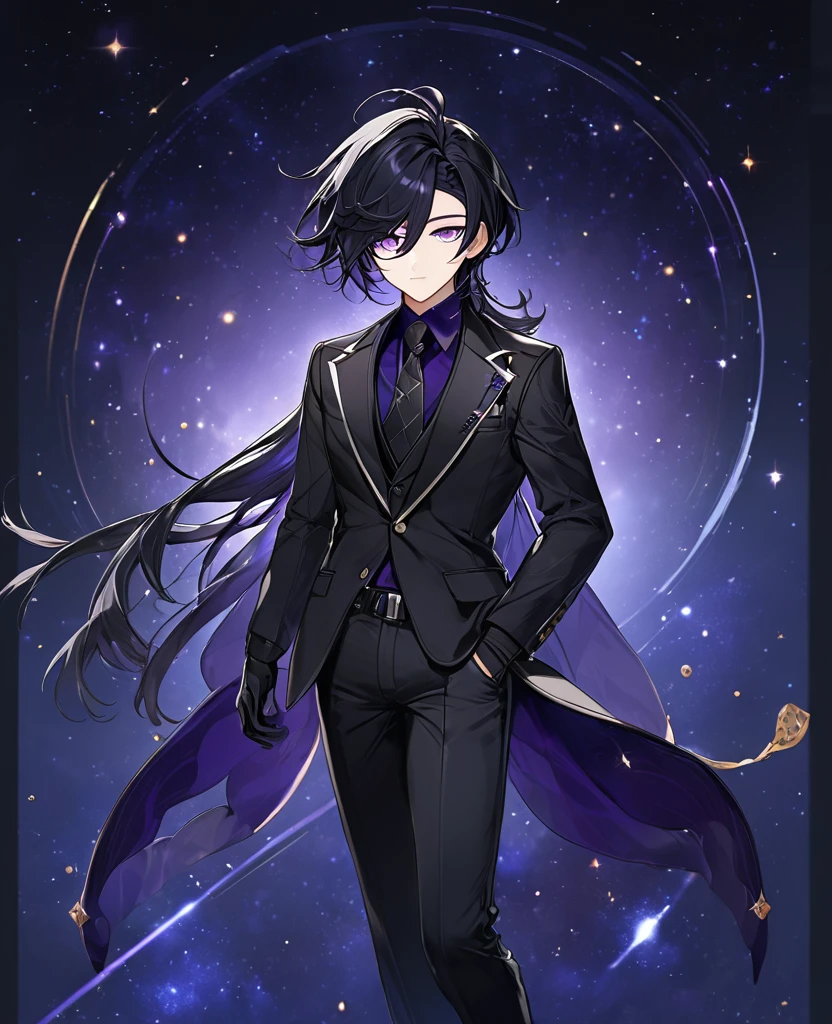 (black_hair), (long_male_hair), (deep_purple_eyes), (detailed_eyes), (attractive), (emotionless), (Deep_space_background), (male), (wearing _a_black_suit),(wears_black_pants), (black_leather_shoes), (black_tight_gloves), (long_male_hair), (detailed_Hair), (detailed), (detailed_mouth), (mysterious), (complicated), (full_body_image)