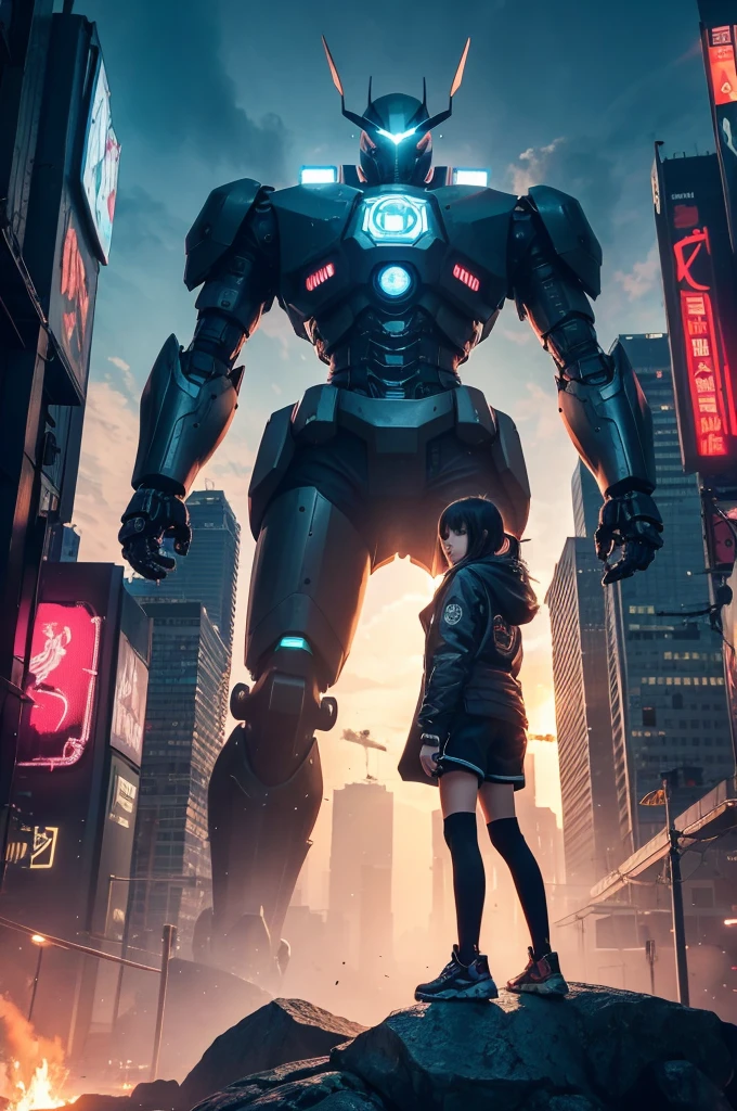 Anime girl in shorts and jacket standing next to a giant robot, artwork in the style of Gwaiz, Cyberpunk Anime Girl Mecha, Trending on cgstation, Gwaiz, By Russell Dongjun Lu, Digital Cyberpunk Anime Art, Lostrun 8k, Gwaiz on artstation pixiv, Girl wearing mecha cyber armor