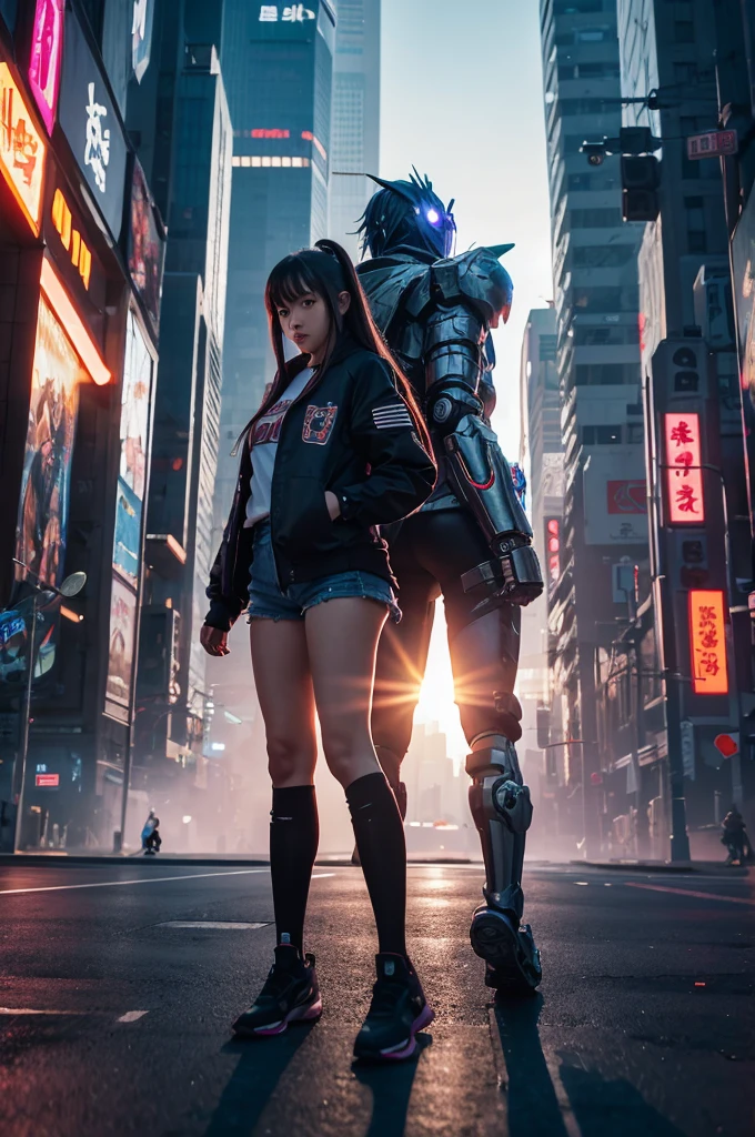 Anime girl in shorts and jacket standing next to a giant robot, artwork in the style of Gwaiz, Cyberpunk Anime Girl Mecha, Trending on cgstation, Gwaiz, By Russell Dongjun Lu, Digital Cyberpunk Anime Art, Lostrun 8k, Gwaiz on artstation pixiv, Girl wearing mecha cyber armor