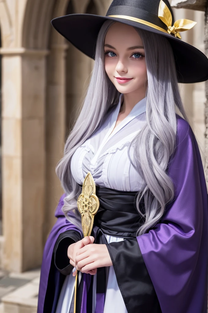Elaina_(May_no_gossip), amazing, masterpiece, 4K,, One girl, feminine, beautiful, cup, Grey Hair, Big magic hat + Top is black、Inside is purple, blue eyes, White shirt, Yellow ribbon, Black Robe,, cute, View your viewers, smile, Magical girl, Background Medieval Europe,