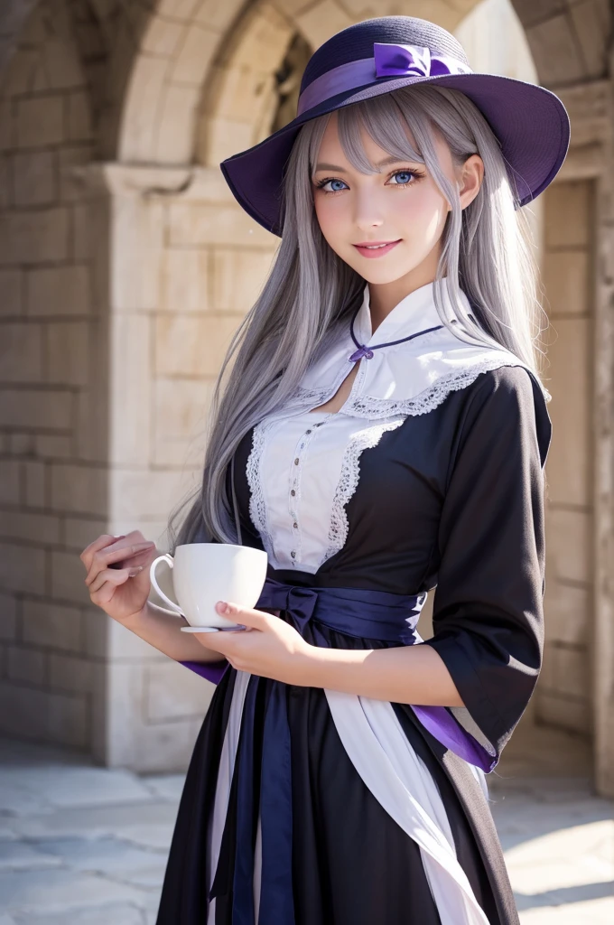 Elaina_(May_no_gossip), amazing, masterpiece, 4K,, One girl, feminine, beautiful, cup, Grey Hair, Big magic hat + Top is black、Inside is purple, blue eyes, White shirt, Yellow ribbon, Black Robe,, cute, View your viewers, smile, Magical girl, Background Medieval Europe,