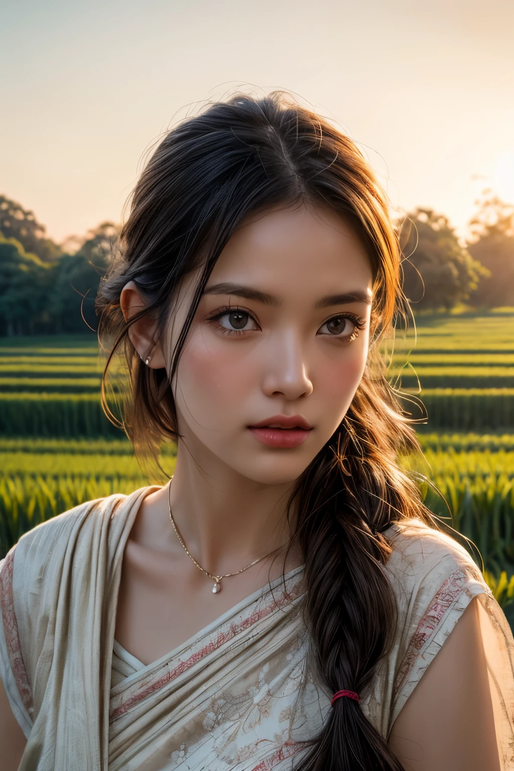 ((majestic:1.5)), ((hyper realistic:1.5)), uhd:1.3, RAw photo, intricately detailed, beautiful sunrise over rice fields in India, Indian farmers harvesting rice, beautiful detailed eyes, beautiful detailed lips, extremely detailed eyes and face, long eyelashes, traditional Indian clothing, serene rural landscape, golden hour lighting, warm color tones, soft focus, photorealistic, 8k, high resolution, masterpiece, ultra-detailed, professional photography, vibrant colors, natural lighting, cinematic composition