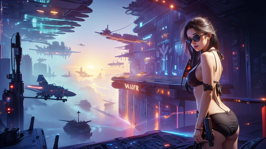 (((a large-breast bikini slim GIRL with black (micro) sunglasses))), (((((aiming at viewer with a pistol))))), a balcony of a futuristic building, aerial view of an ultra-futuristic megalopolis, metal buildings and houses in dark colors from dark blue to black, shades of metal gray, smoky metal structures, industrial environment with smoke and fog around, dark cars on the streets, desert megalopolis, modern metal rails and trains passing through, tall futuristic metal buildings, ultra modern buildings, (((((futuristic aircraft carrier))))), realistic, detailed, sci-fi.