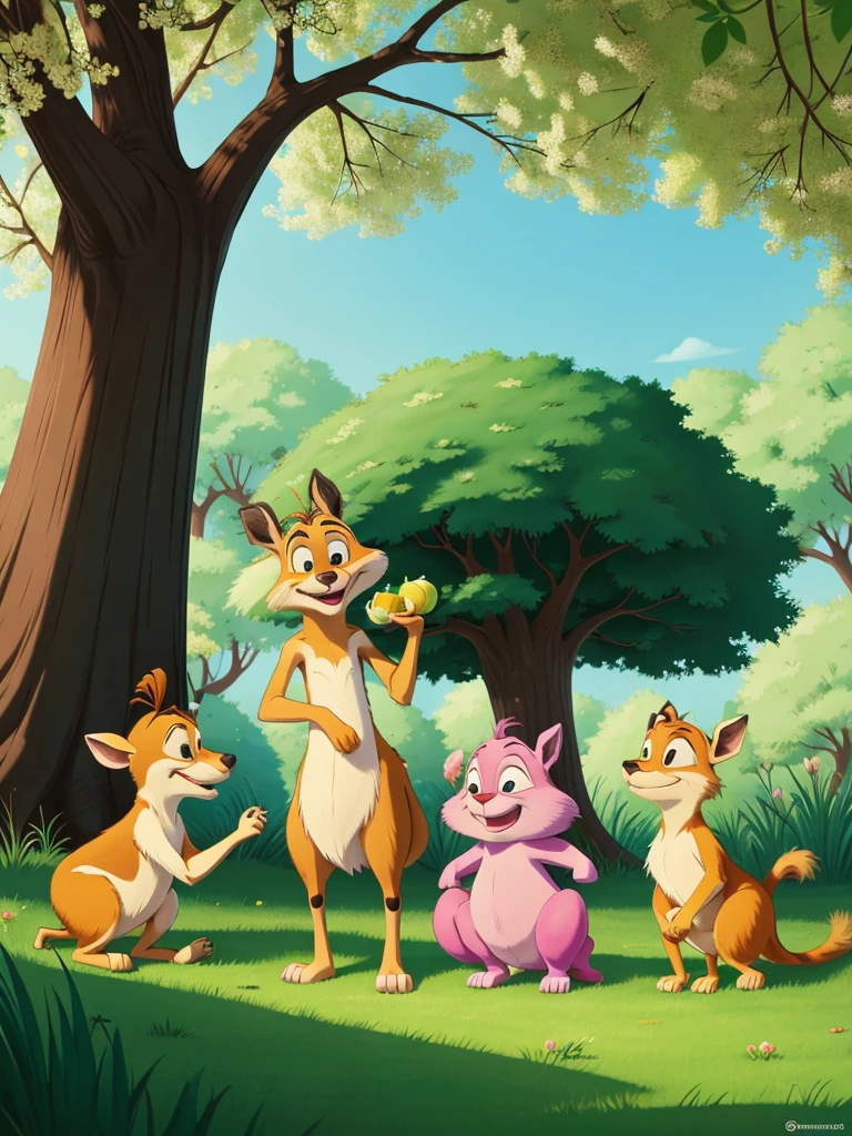 Cartoon timon and bumba thick greeny forest , spring season , pink beautiful tree