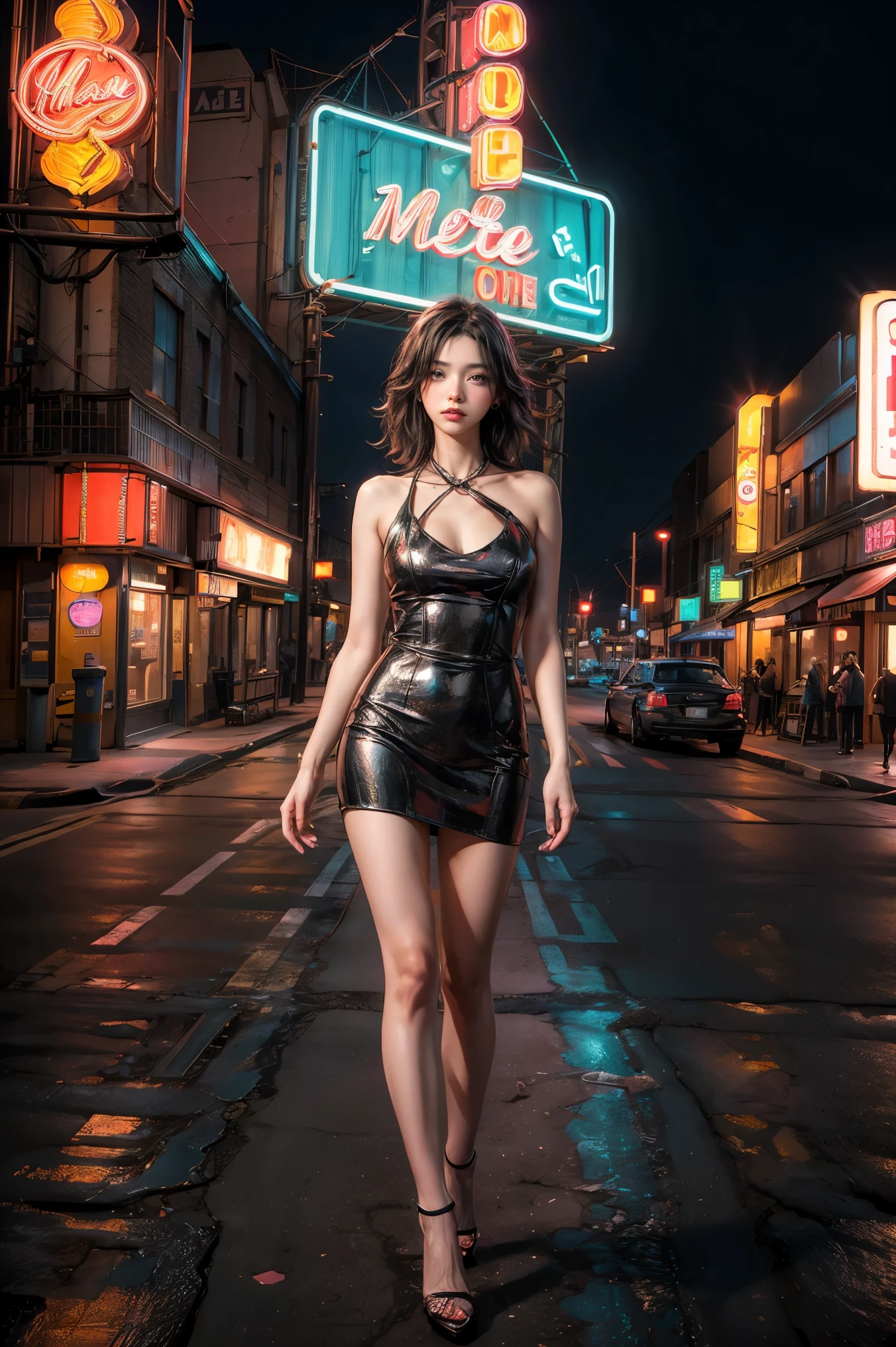 ((masterpiece, best quality, Best image quality, high resolution, realistic, raw photo, 8K)), Araped view of motel with cars parked in front, with neon sign, Woman waiting for guests in front of motel, Temptation, short dress and high heels, route 66, neon sign, 1 9 5 0 Second Americana Tourism, some have neon sign, Neon Lights Outside, neon advertising, gigantic neon sign, neon stores, few neon sign, neon sign in background,