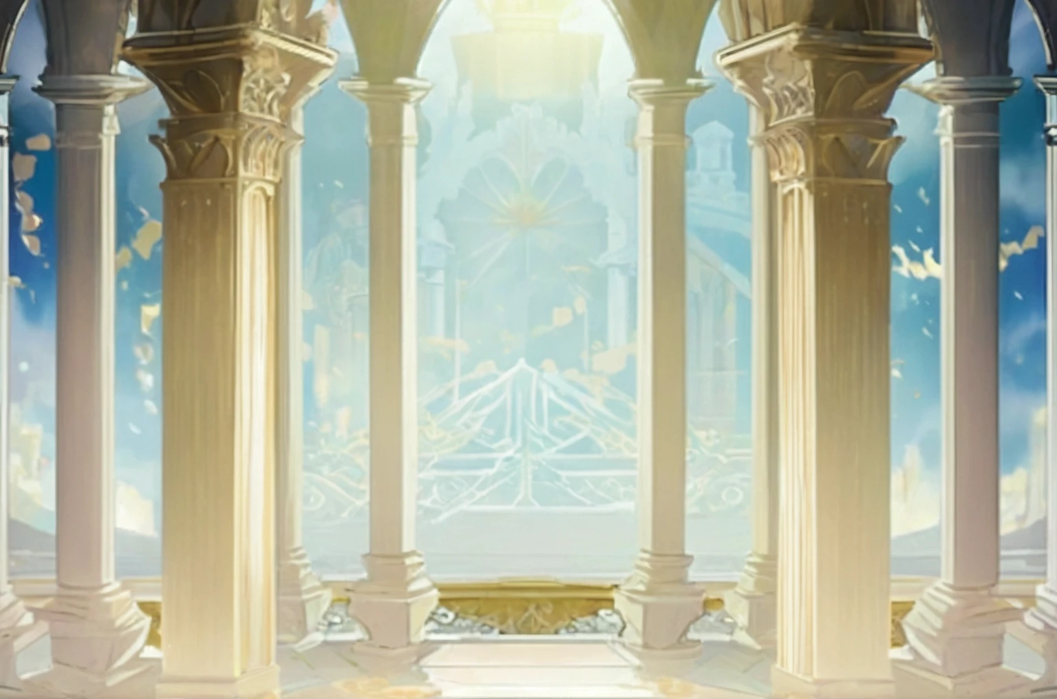 a close up of a large archway with columns and a sky background, palace background, light kingdom backdrop, stunning arcanum backdrop, cathedral background, interior background art, background art, throne room, temple background, arena background, random background scene, ballroom background, coliseum backdrop, anime background art, odin's stone arena background, exquisitely designed throne room