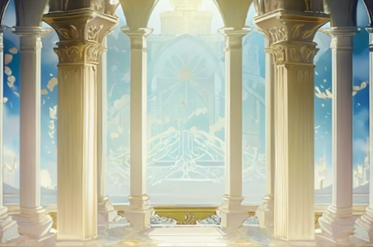 a close up of a large archway with columns and a sky background, palace background, light kingdom backdrop, stunning arcanum backdrop, cathedral background, interior background art, background art, throne room, temple background, arena background, random background scene, ballroom background, coliseum backdrop, anime background art, odin's stone arena background, exquisitely designed throne room