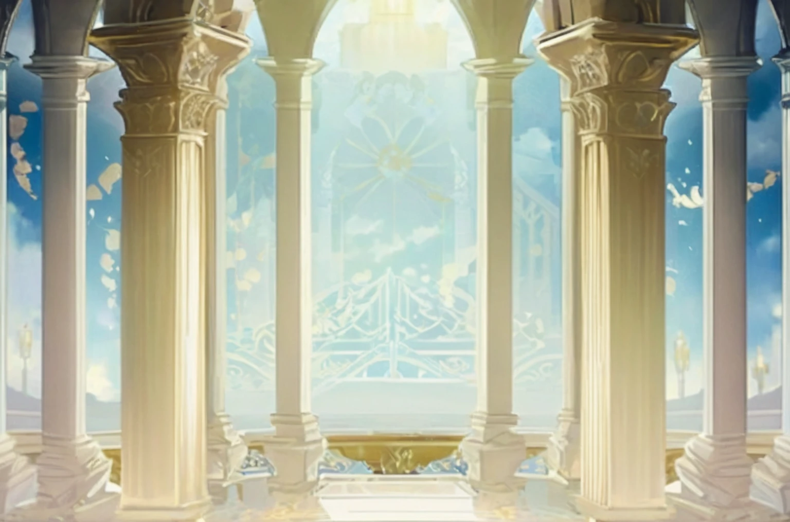 a close up of a large archway with columns and a sky background, palace background, light kingdom backdrop, stunning arcanum backdrop, cathedral background, interior background art, background art, throne room, temple background, arena background, random background scene, ballroom background, coliseum backdrop, anime background art, odin's stone arena background, exquisitely designed throne room