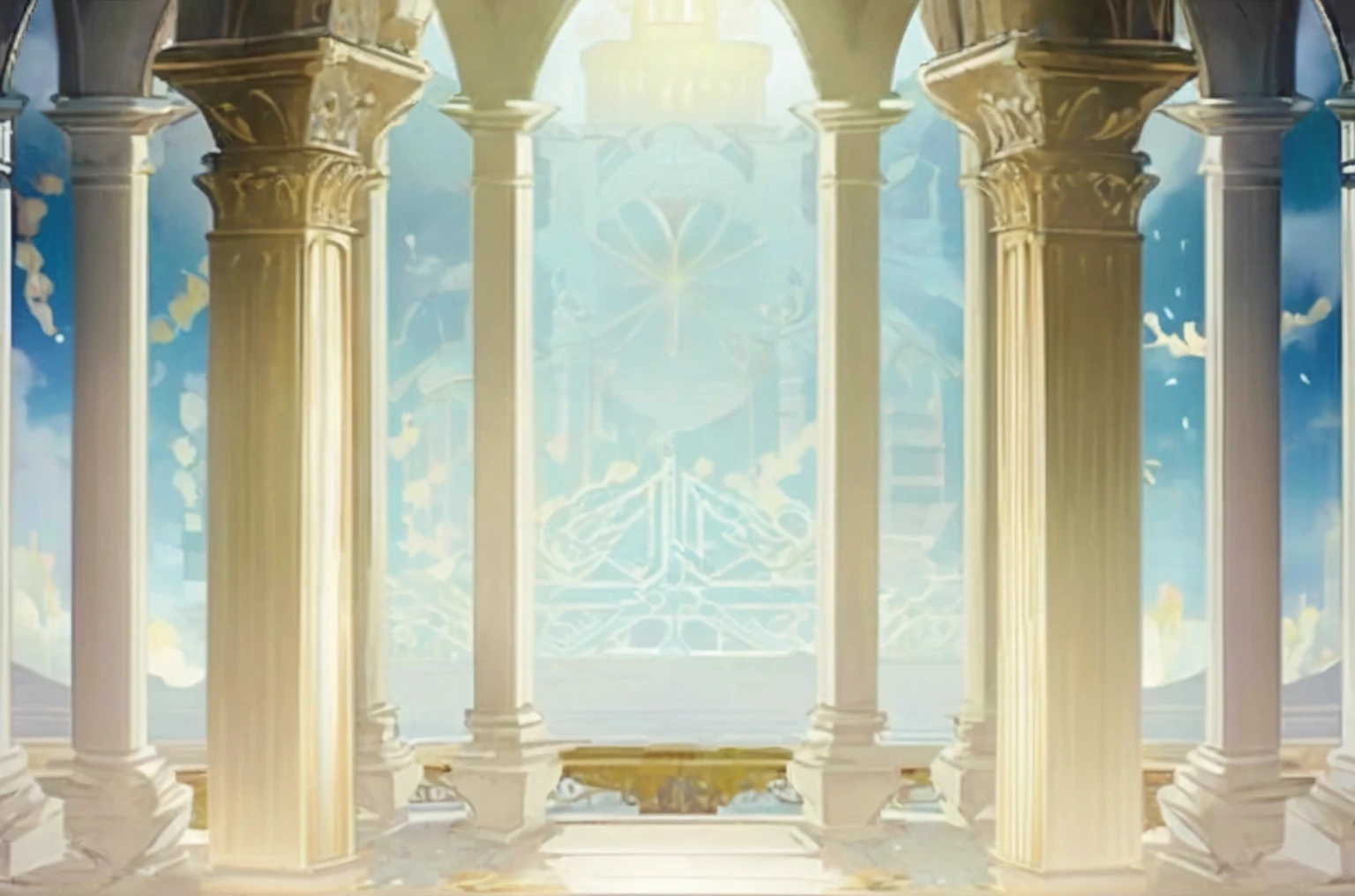 a close up of a large archway with columns and a sky background, palace background, light kingdom backdrop, stunning arcanum backdrop, cathedral background, interior background art, background art, throne room, temple background, arena background, random background scene, ballroom background, coliseum backdrop, anime background art, odin's stone arena background, exquisitely designed throne room