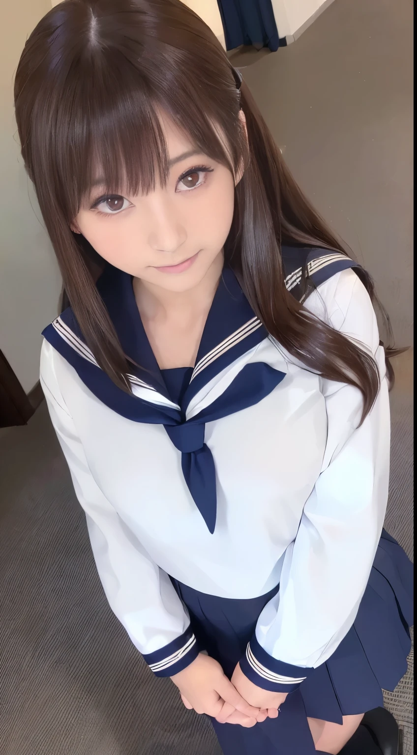 Highest quality,Very detailed,masterpiece,Hentai Realism,Photo Rare,Bright lighting,One Girl, Very beautiful 17 year old girl, (cute:1.6),smile, (Brown eyes),(Brown haired),(With bangs),Perfect glowing skin,Perfect Skin,((Accurate Pointer，No discomfort)), Big ample breasts,big breasts and small waist, View your audience,((Sailor uniform)),((Long sleeve uniform、White shirt)),(Navy blue tie),(Navy blue mini skirt:1.3),(Are standing)), socks, (Black knee socks),(Loafer shoes), Simple gray background、Lighting from a 45 degree angle to the left、