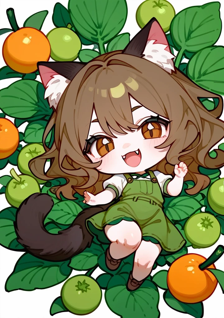 chibi drawing, girl,  A pretty woman, long black wavy hair, Brown eyes, gardener  clothes, cat ears and tail, fangs, surrounded by different fruits 