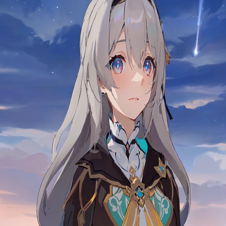 Anime girl with long white hair and blue eyes standing in front of the starry sky, ayaka Genshin Impact impact, keqing from Genshin Impact impact, Genshin Impact, ayaka game Genshin Impact impact, Portrait of a girl in the Knights of the Zodiac, Gaze of delight, Genshin Impact impact character, Official character art, From the Azur Lane video game, Detailed Key Anime Art, change, Official Art