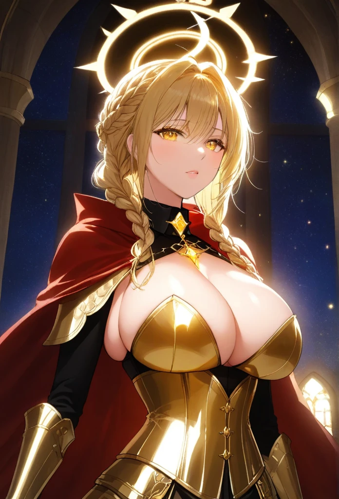 upper body of paladin lady in ornate golden armor, black collar, pauldrons, breastplate, corset, glowing halo, single braid, blonde, yellow glowing eyes, bright pupils, eye focus, red cape, temple indoors, stained glass windows, night, moonlight, particles, light beam, chromatic aberration,big breasts 