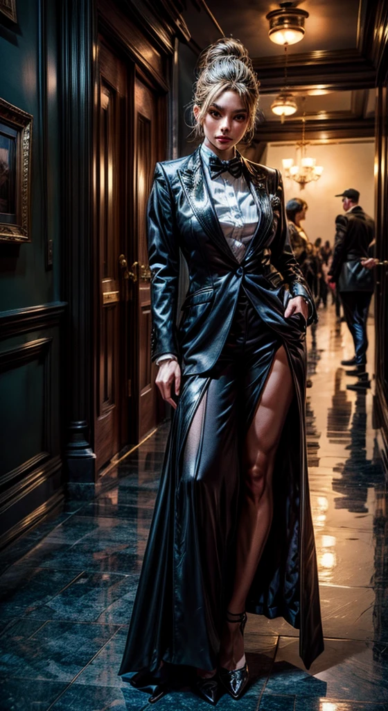a beautiful female full stacked spy in a chic fashionable tuxedo, full frame photo, zoom out, ultra detailed, high resolution, 
