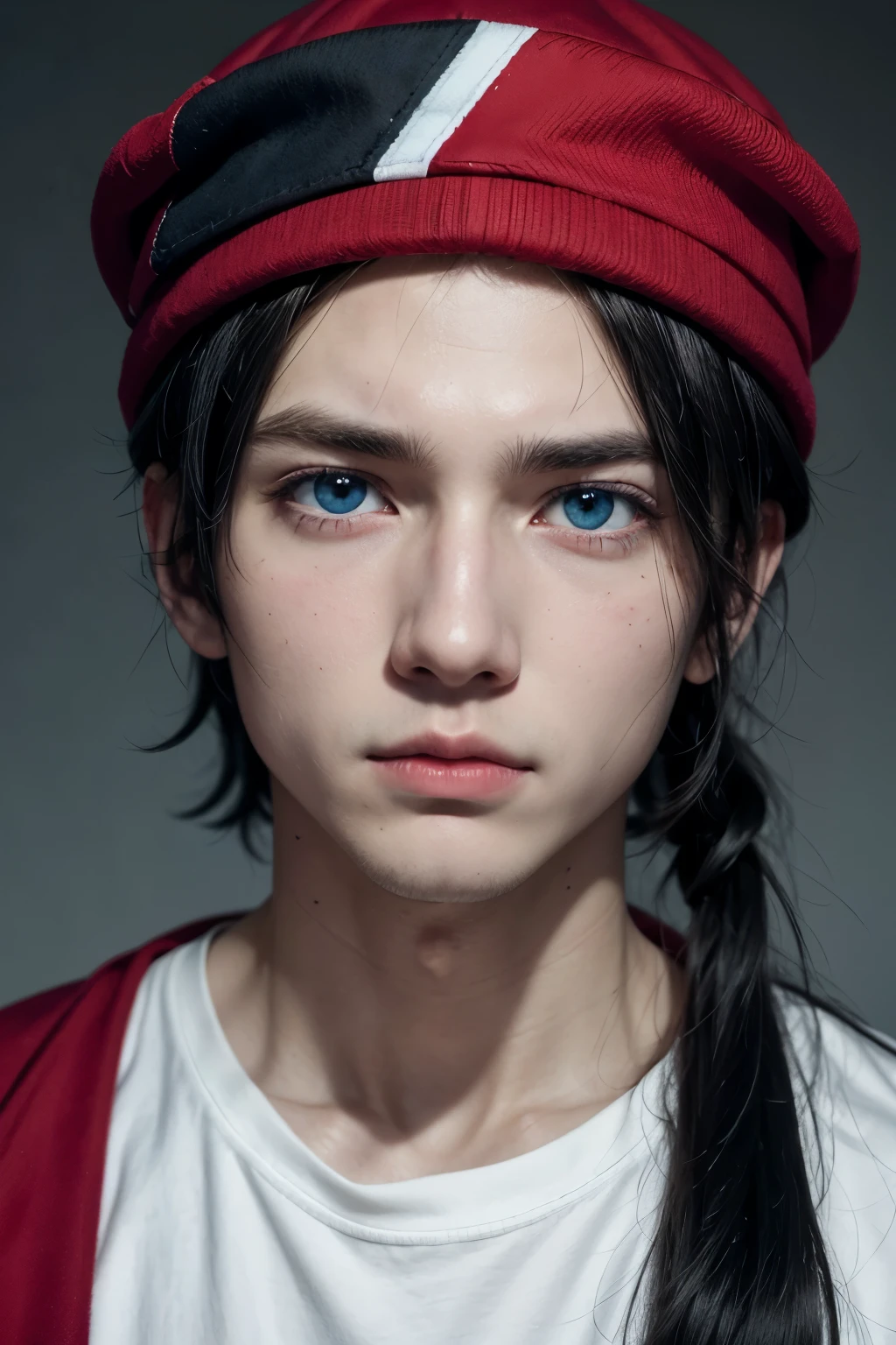 White male character with black hair, red cap and yellow and white details and one blue eye and the other red ,anime styling