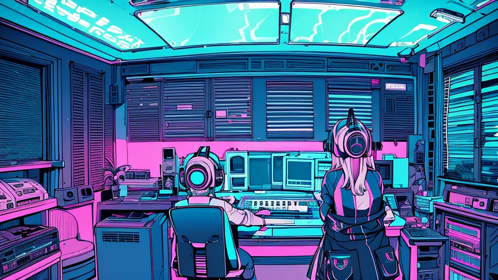 Best quality, (masterpiece), best detail face,1 girl, big breasts, 18 yo, 8k,absurdres,unity 8k wall paper,(extremely detailed:1.3), highest realistic, (retro headphones:), (soft neon light:), (psychedelic), Her room full of music equipment and plants, Light clothing in summer, See the whole room, She is leaving the room, natural color palette