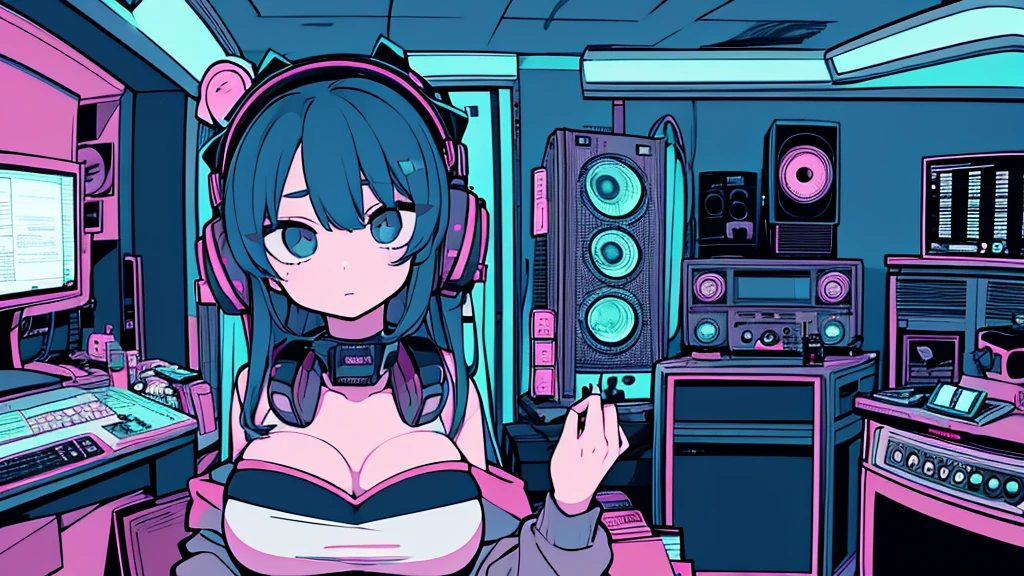Best quality, (masterpiece), best detail face,1 girl, big breasts, 18 yo, 8k,absurdres,unity 8k wall paper,(extremely detailed:1.3), highest realistic, (retro headphones:), (soft neon light:), (psychedelic), Her room full of music equipment and plants, Light clothing in summer, See the whole room, She is leaving the room, natural color palette