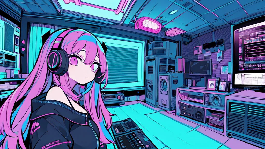 Best quality, (masterpiece), best detail face,1 girl, big breasts, 18 yo, 8k,absurdres,unity 8k wall paper,(extremely detailed:1.3), highest realistic, (retro headphones:), (soft neon light:), (psychedelic), Her room full of music equipment and plants, Light clothing in summer, See the whole room, She is leaving the room, natural color palette
