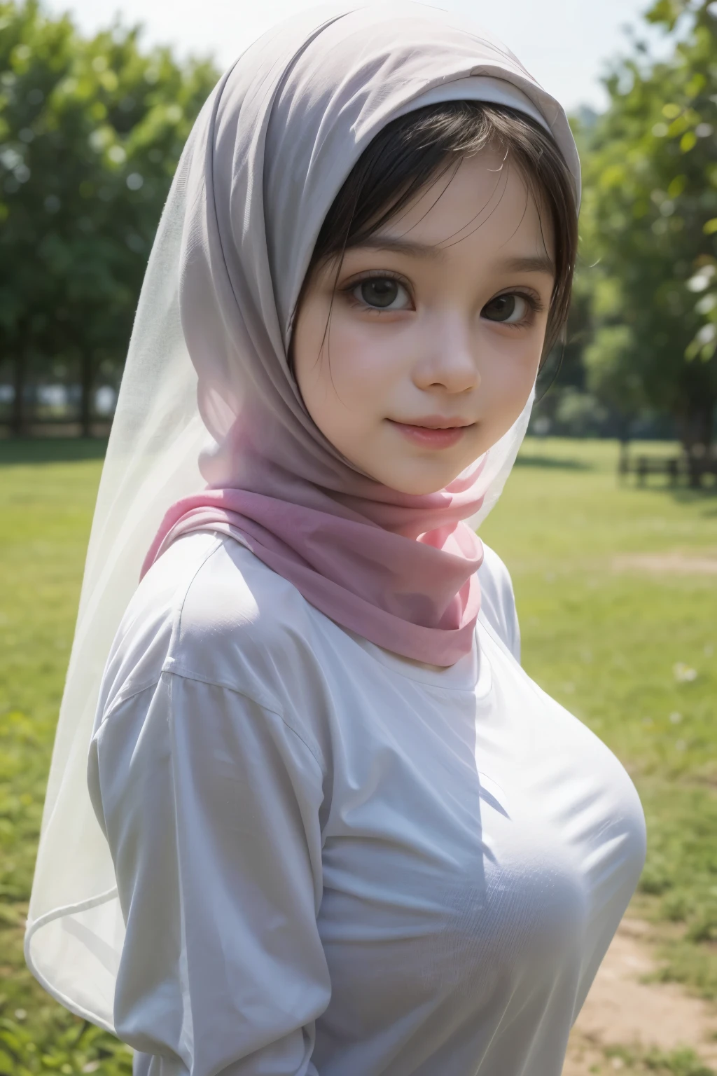 Chubby adorable, 1 girl, (face to face), , baby face, happy, half body portrait, (face details: 1), (eye details: 1), ((big breasts)). wearing transparent transparency soft long shirt, hijab, .. Cute posed. proportional body. Ultra High Res. realistic: 1.4, UHD, (floral pattern), view from side seductive pose