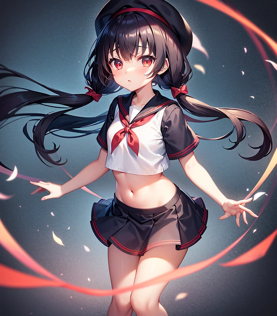 (Sailor suit),Big red ribbon,(((Navy Mini Skirt)))beret,,Cute little loli,Tiny Lori,Small girl,,Childish face, Very fine clean face,Top quality, Big eyes,Straight Hair,Yellow hair,Crimson Eye,(Dark Room), Subtle light, Natural light,Soft lighting,Light from directly behind, (Are standing), Cute pose, (Open your hands), Showing the whole body,Front view,Black background