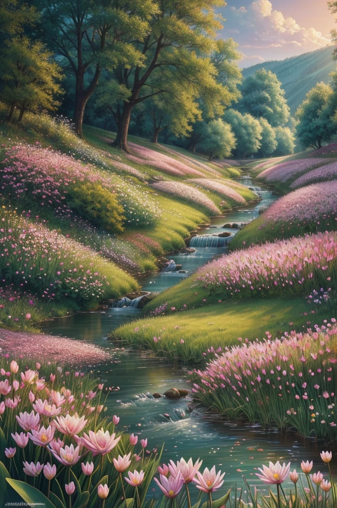 a small stream running through a lush green field, background of flowery hill, meadow background, anime scenery, anime beautiful peace scene, beautiful scenery, flowerfield, an aesthetic field of flowers, grass and flowers, drawing nature wallpap, 3d nature, waterlily pond, flower fields, flower field, 4k hd,, beautiful art uhd 4 k, a beautiful artwork illustration, beautiful digital painting, highly detailed digital painting, beautiful digital artwork, detailed painting 4 k, very detailed digital painting, rich picturesque colors, gorgeous digital painting