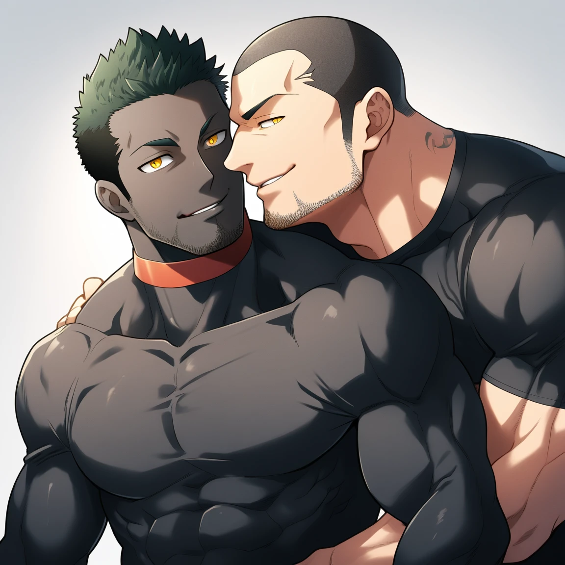 anime characters:Two superheroes in tights, Priapus and Muscle skinhead superhero, negro black skin, They hugged and kissed each other, Bite your neck, Caress, Manliness, male focus, Yellow and black high collar long sleeve tight T-shirt, Slightly transparent material, Very tight, Round, full and perky chest muscles, Muscle waist, Slightly transparent, muscular male, muscular, only, Upper body, alone, Black short hair, Thick eyebrows, stubble, Yellow eyes, Grey background, simple background, amazing quality, best aesthetics, Ridiculous, bright pupils, crew cut, parted lips, seductive smile, torogao, naughty face, drop shadow, best quality