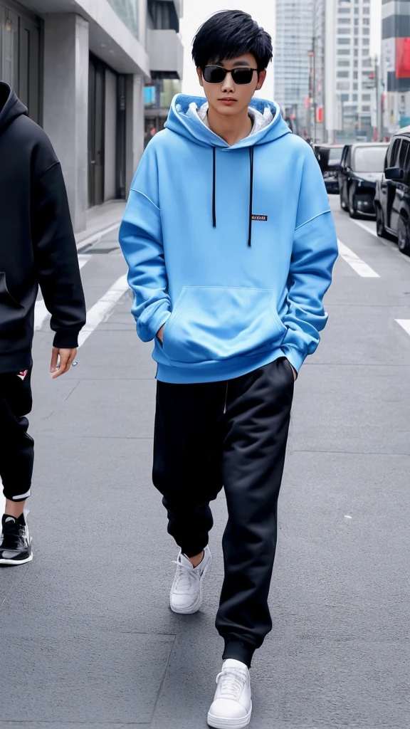 21 year old Shanghai boy, he is ((oversized xxl blue plain hoodie)), wearing black Trousers, wearing sneakers, wearing glasses, fully body, (he is 한국 머리카락입니다) Korean style, walking 