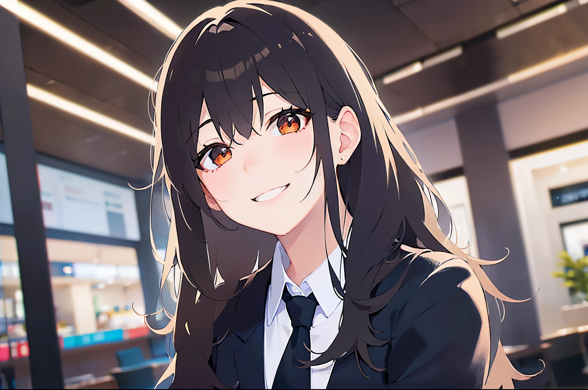 looking at viewer, side ungle,
Realistic, real person, (pale skin: 1.2), RAW photo, photorealistic, shiny skin, shiny hair、 (A 35-year-old woman with medium-length hair and bangs) and (wavy hair) and (brown hair) and (Orange Eyes) (Wearing a business suit:1.5) and (Wearing a white collared shirt)
blush ,(smile:1.5)、The background is the interior of a dining bar at night.、Alone、Wearing a black jacket